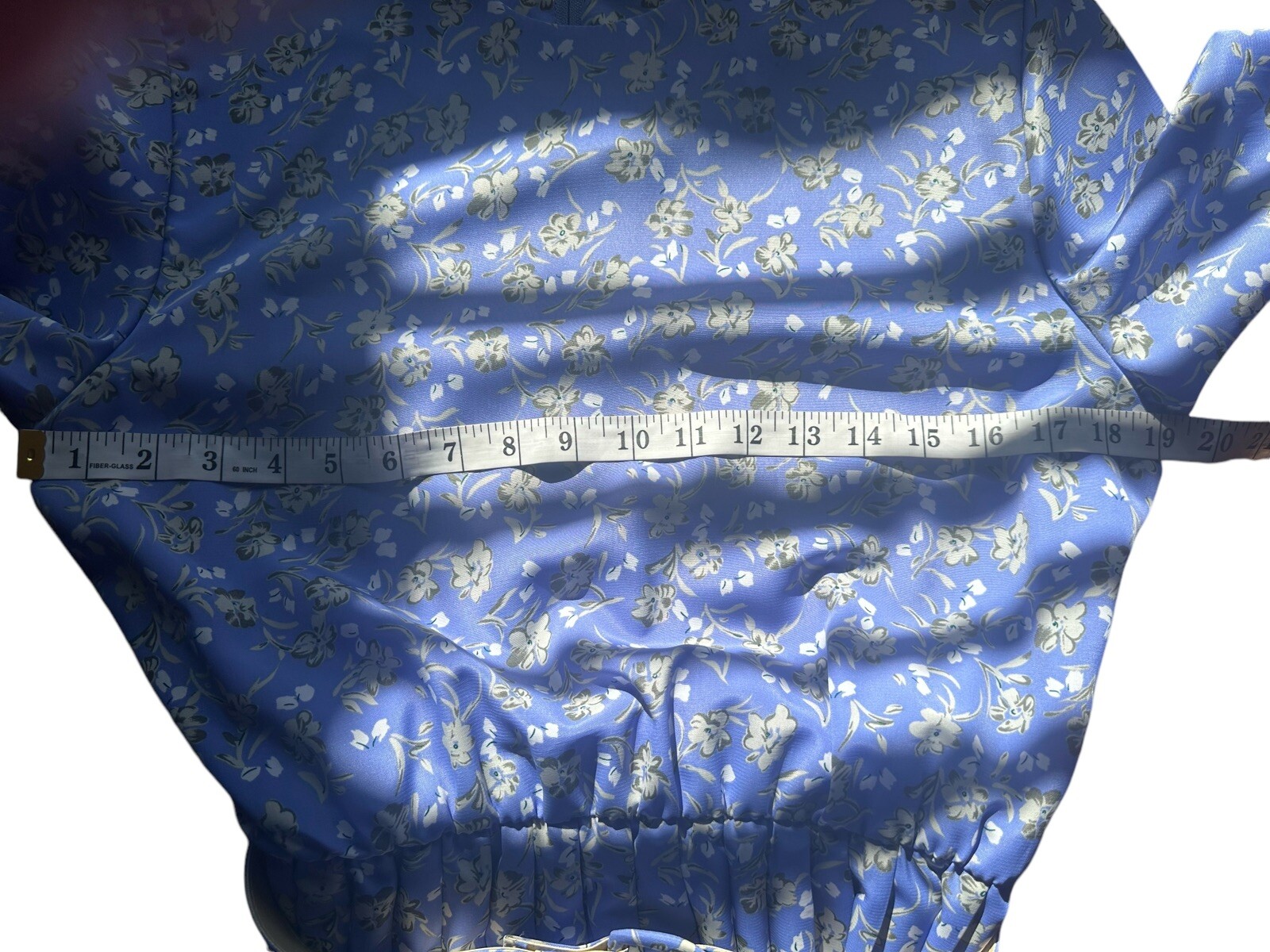 Women’s Vintage Nancy II Blue Floral Belted Dress, 44” Length, Size 8 Petite