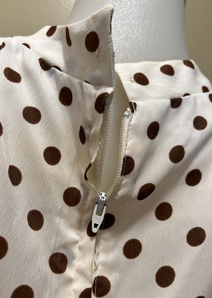 Vtg Alden’s Fashions MCM 70s Dress W/Pleated Skirt~Cream W/Brown Polka Dots~READ