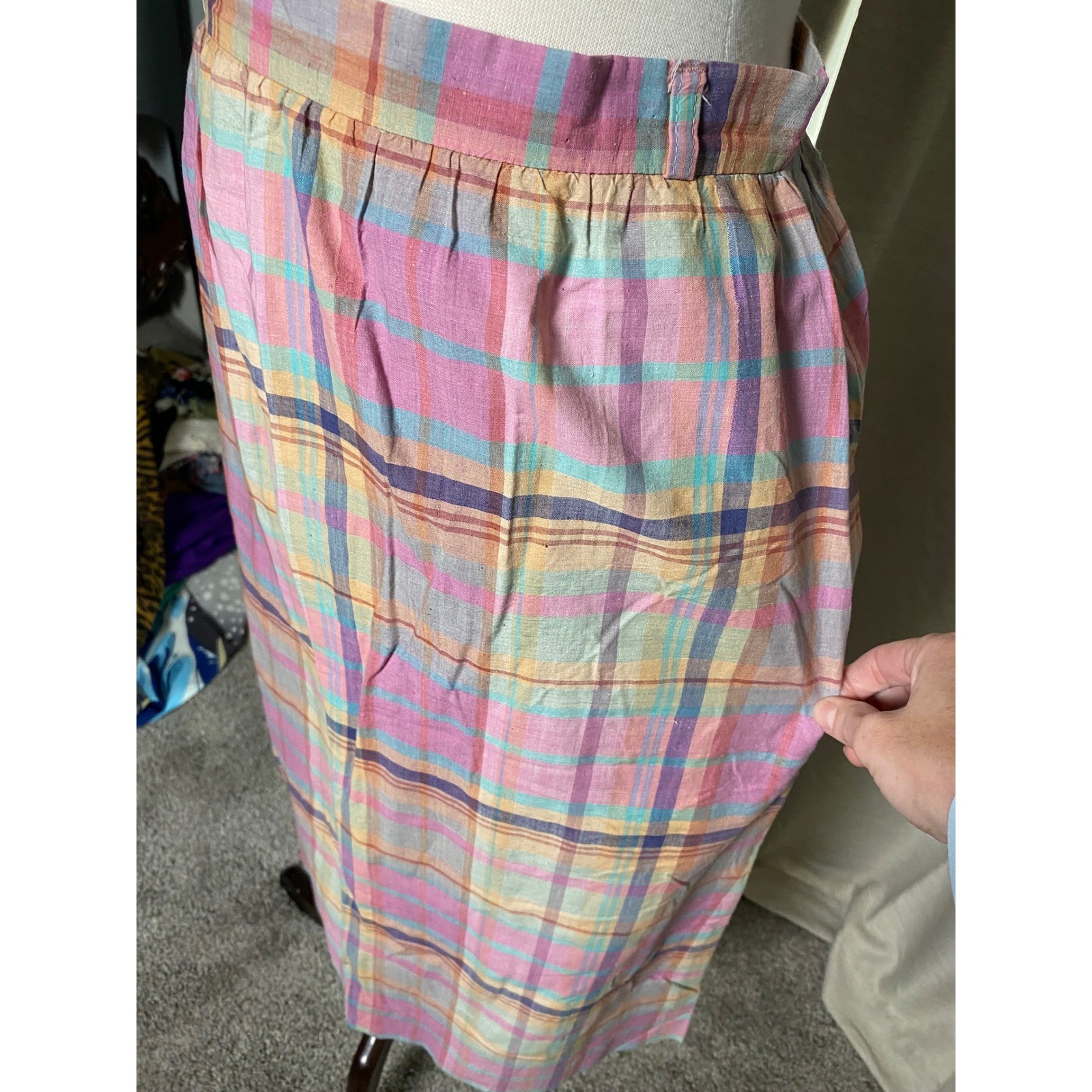 Vintage 70s Pastel Plaid Midi Skirt ILGWU Pink Orange High Waist Retro Pocket S