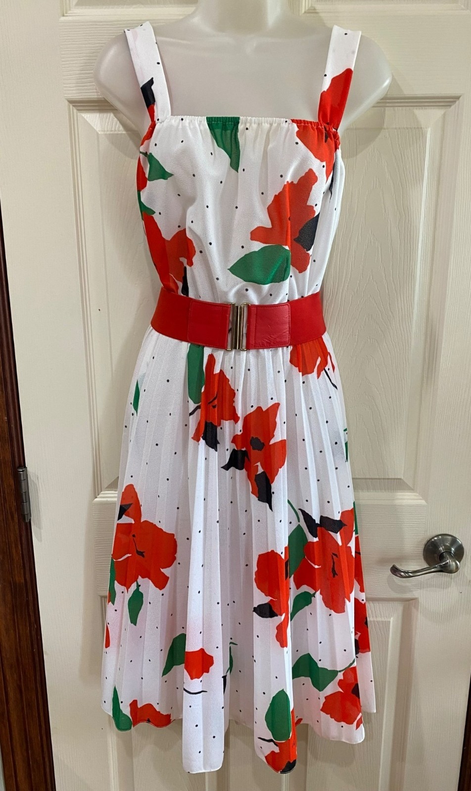 Vintage Haggar’s Women’s Wear Floral Polka Dot Pleated Midi Dress White Red Gree