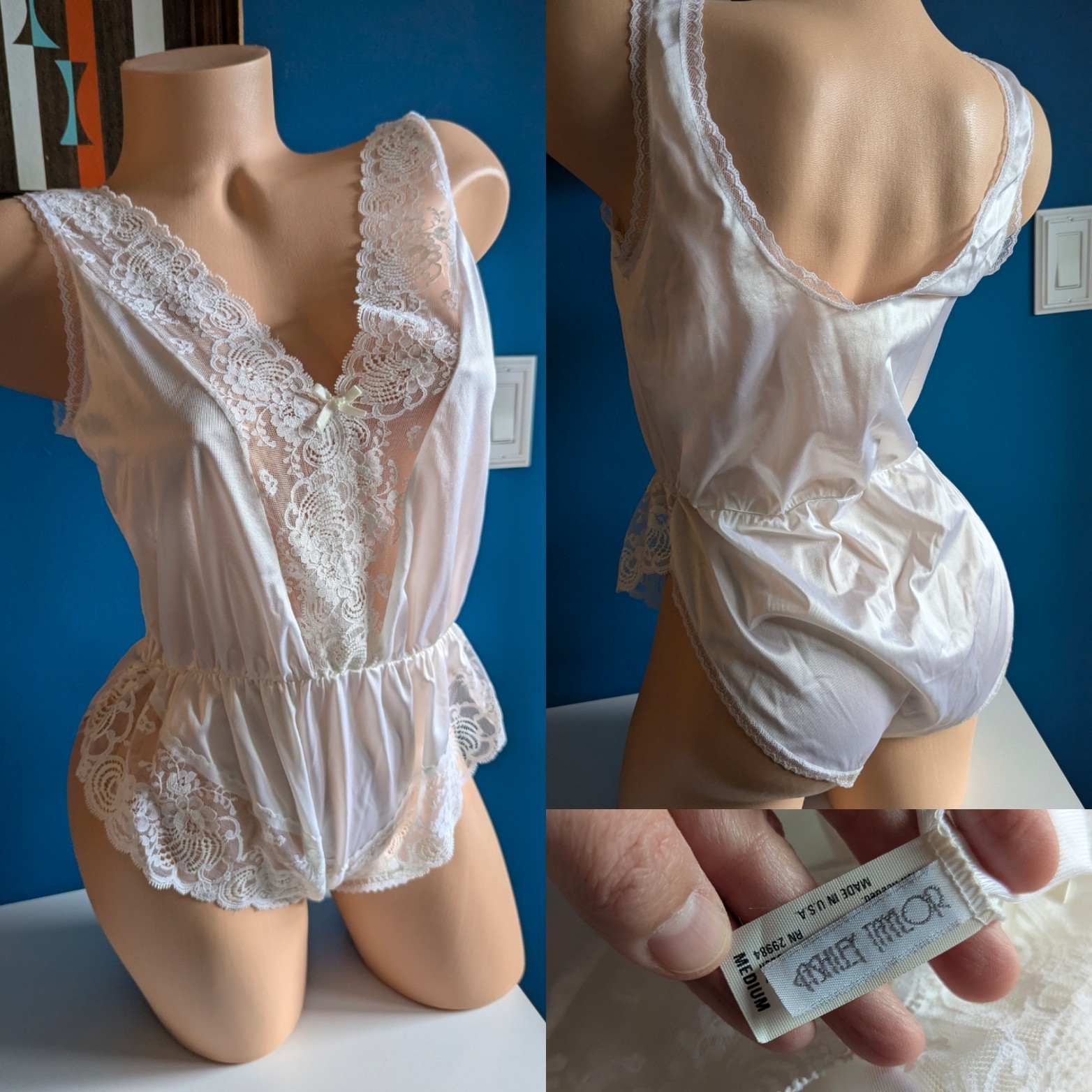 Vtg 80s Ashley Taylor White M Antron Nylon Satin Lace 1 Piece Teddy Romper NWOT