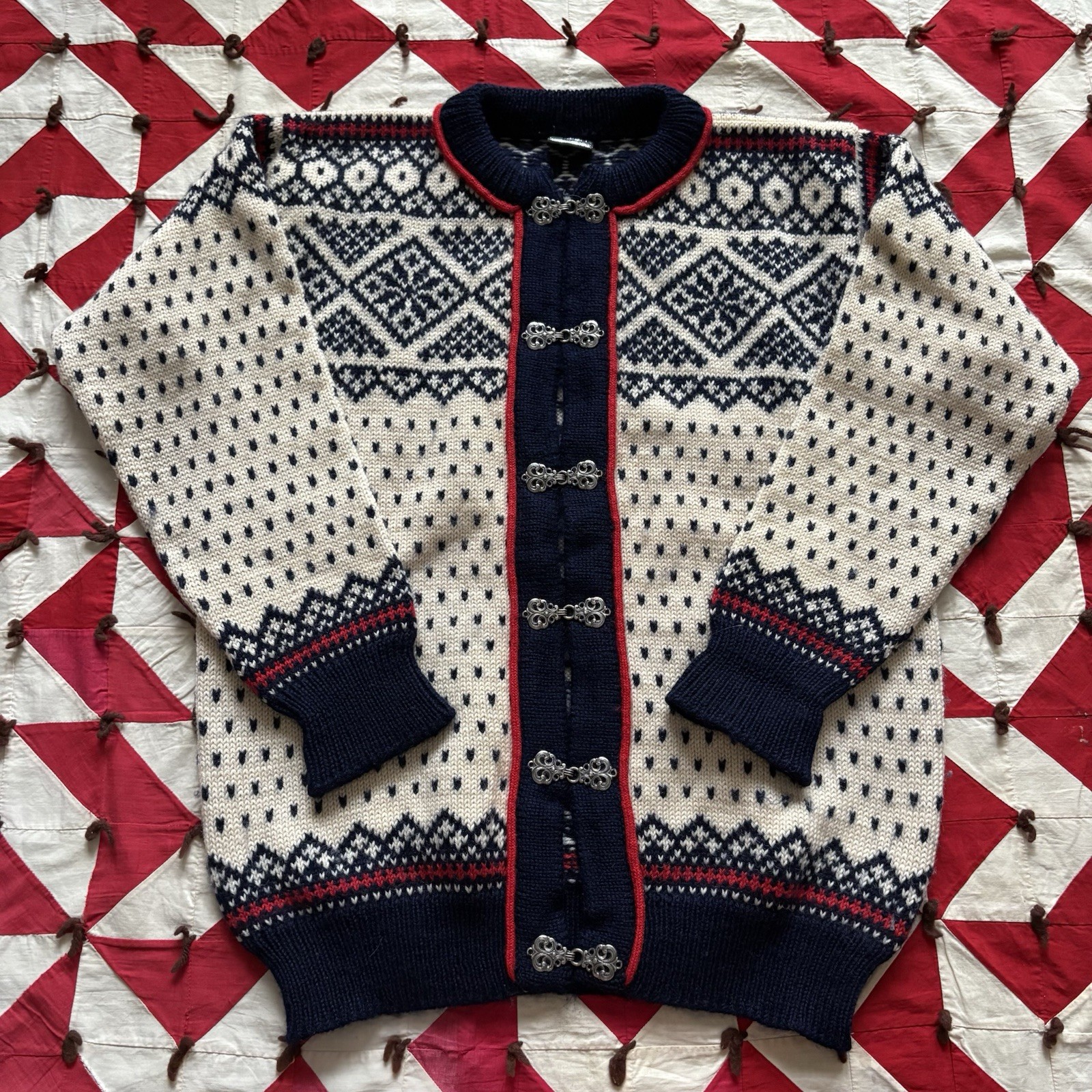 Vintage Dale Of Norway Blue Wool Pattern Sweater Size 48 Women’s? Hook And Eye