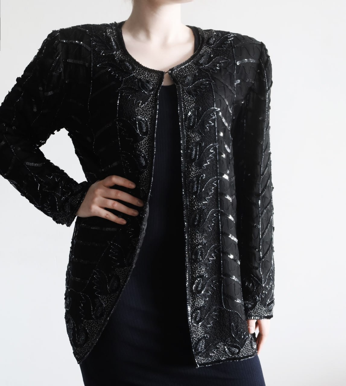 Vintage 100% Silk Beaded Sequin Black Evening Jacket C&A Your Sixth Sense XL