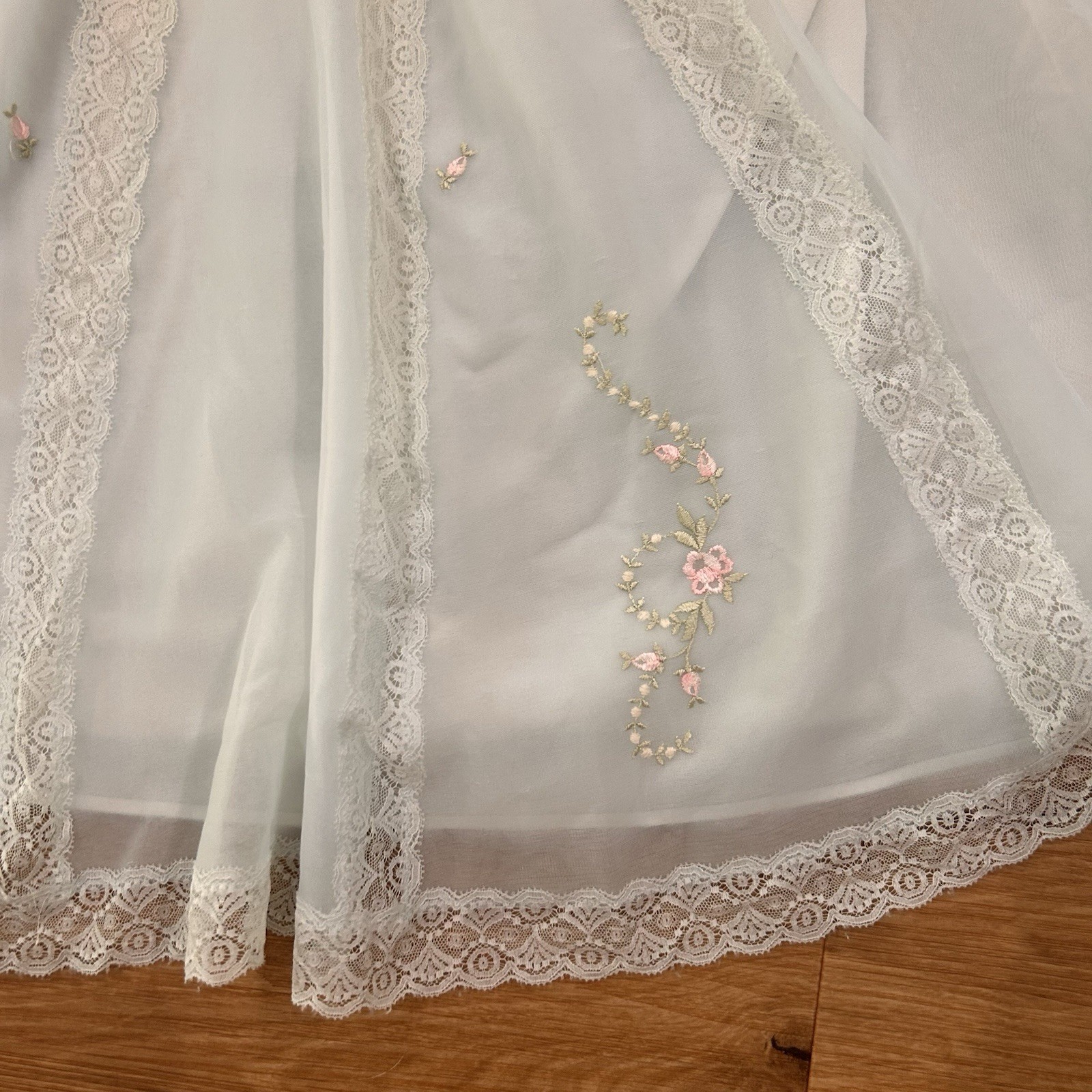 Vintage 60s Powder Blue Babydoll Nightgown Mini Pink Floral Embroidery M/L