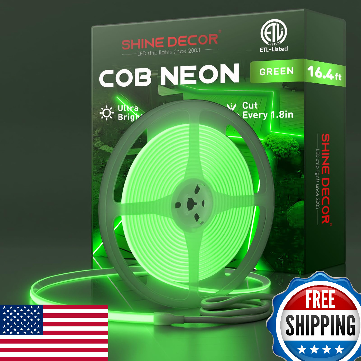 Shine Decor Green COB LED Rope Light 16.4ft Waterproof Bright AC 120V Commercial