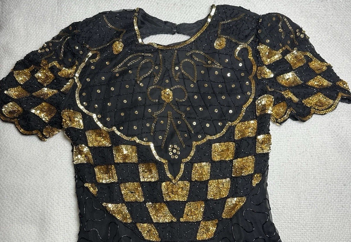 SWEELO Vintage Silk Beaded Black Gold Dress India Art Deco Sequin S 6-8