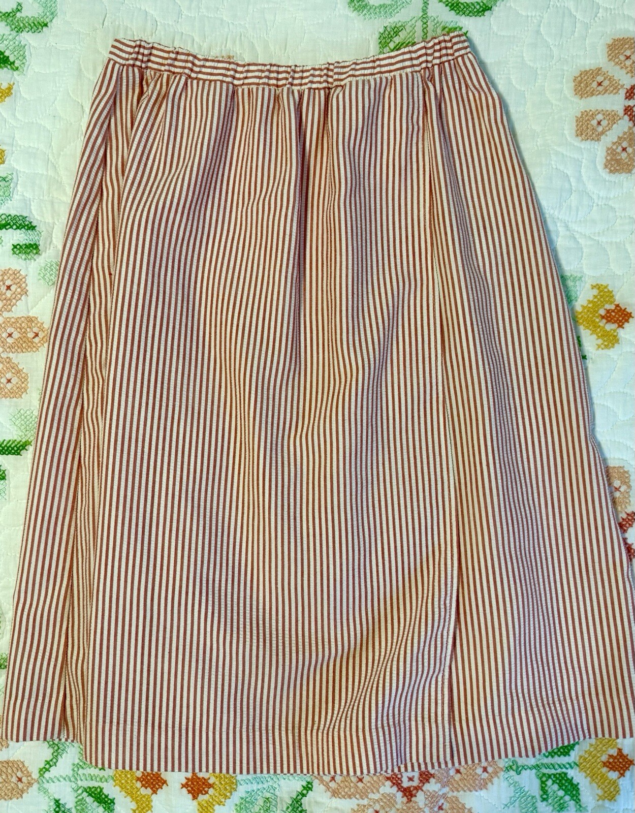 Vintage Sears Seersucker Skirt Red Stripe Elastic Waist
