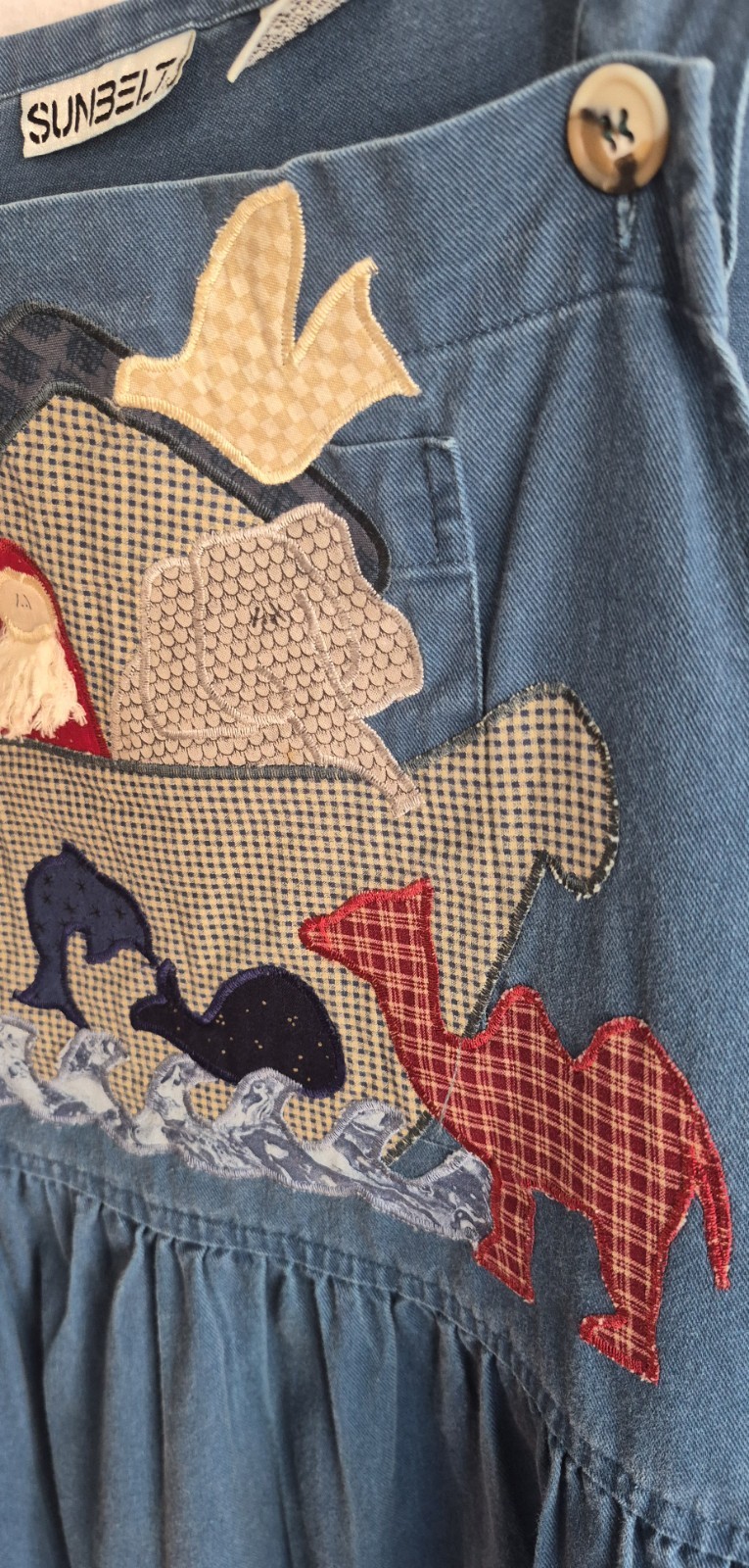 Vintage Sunbelt Noahs Ark Applique Denim Jumper Dress 90s Cottagecore M Folk Art