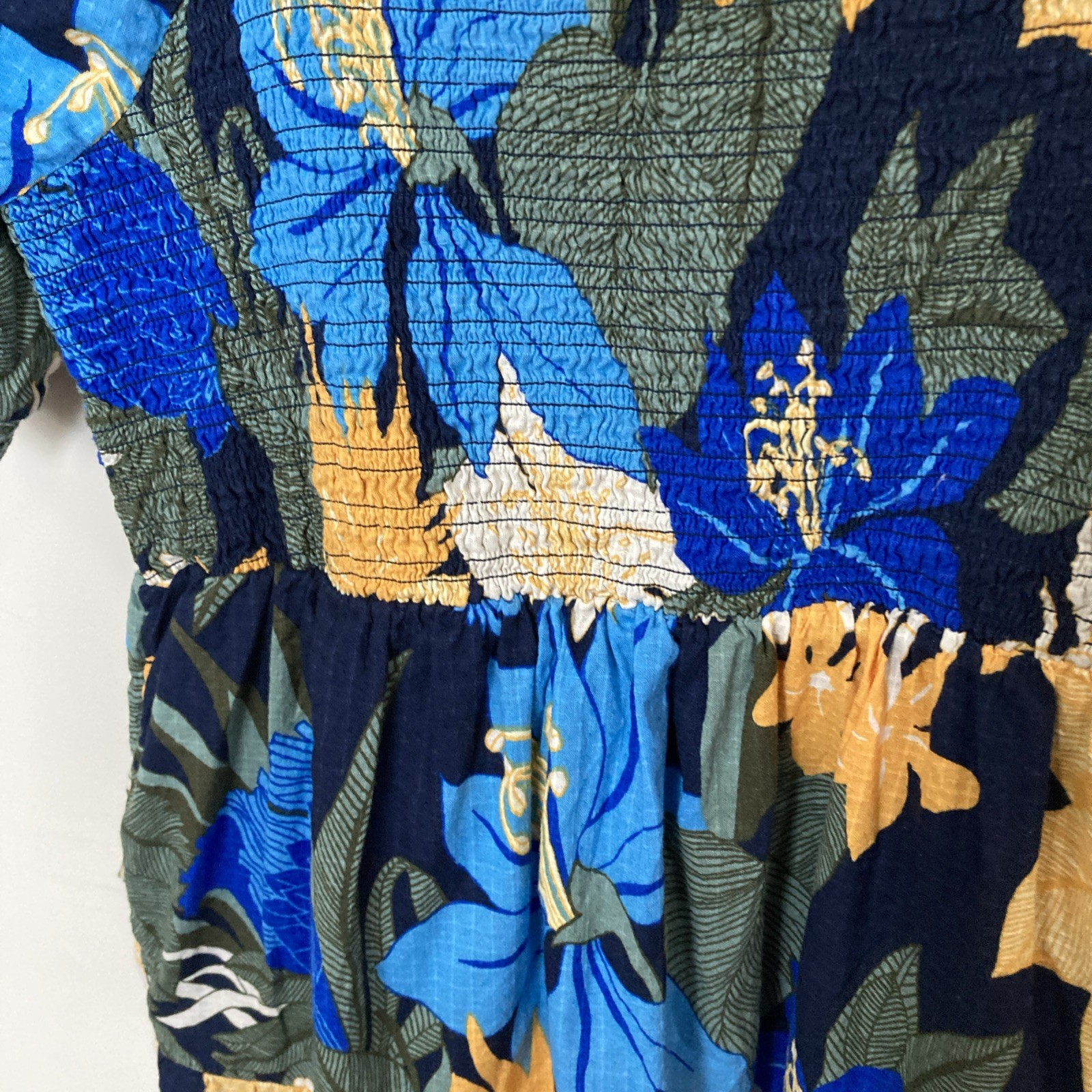 Land’s End Women’s Smocked Peasant Dress L/P 14-16 Blue Yellow Cotton Lined Vtg