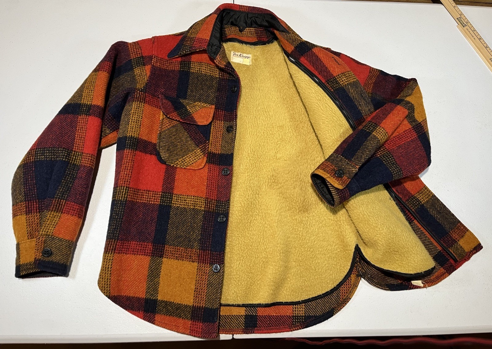 vtg 1970s Fox Knapp WOOL coat jacket SHERPA LINED orange plaid USA MADE women 16