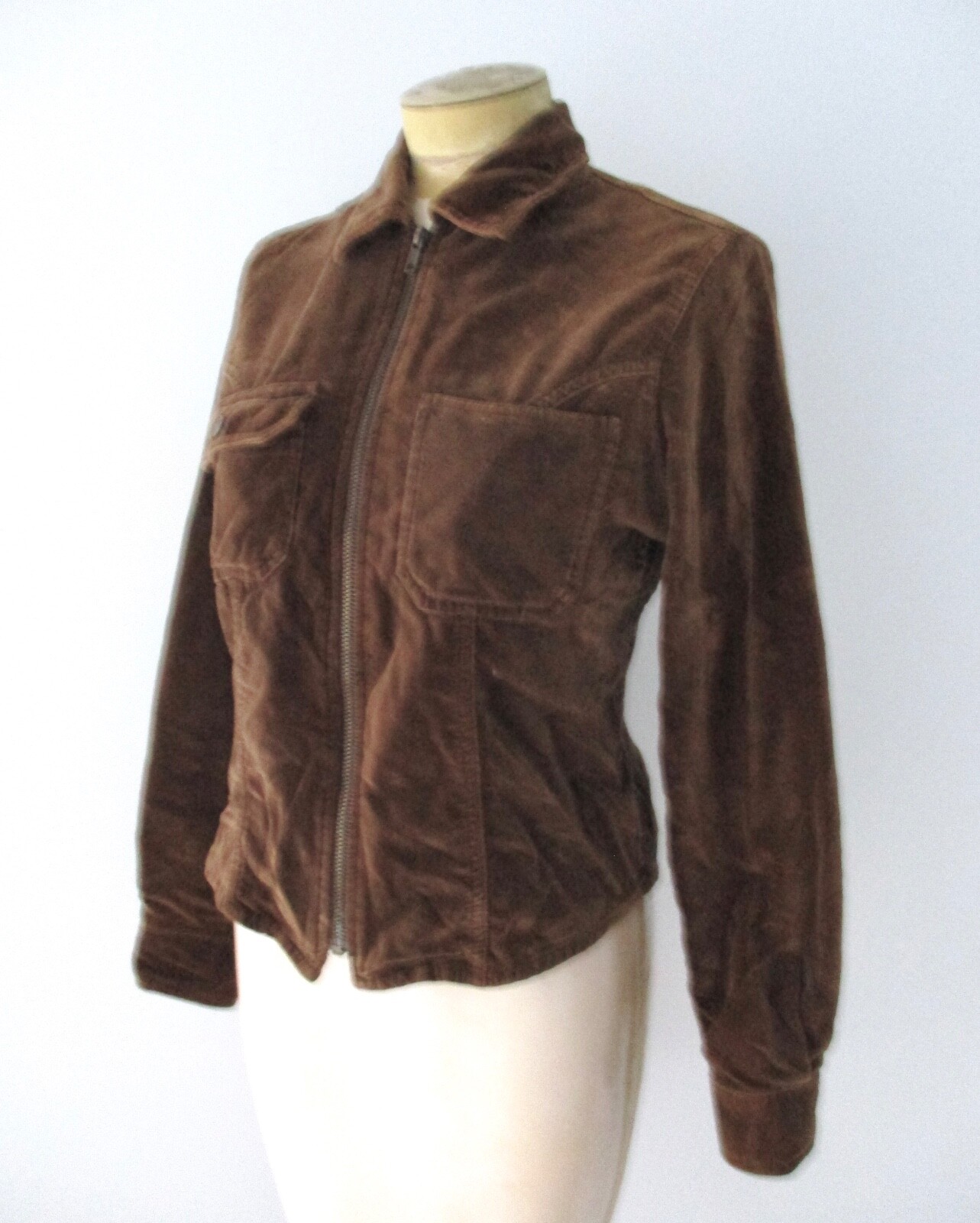 Vtg 90s Y2K brown cotton velvet collared zip front jacket chest pockets QUIZZ S