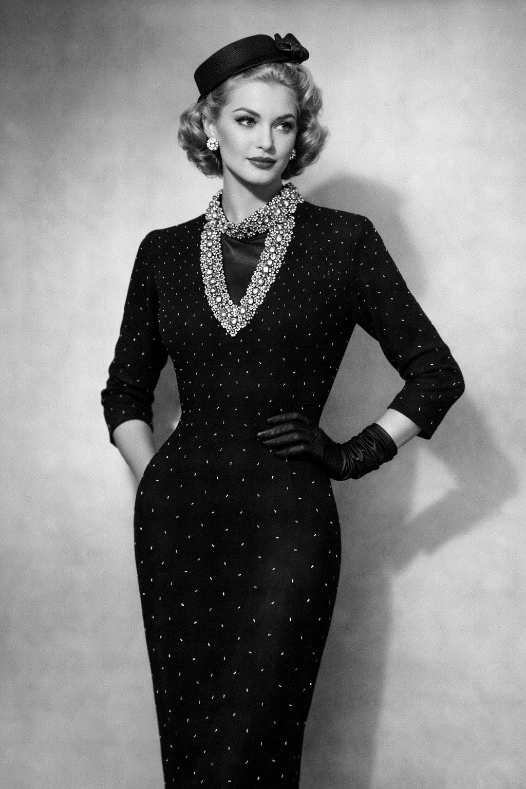 Vtg 50s Couture GENE SHELLY Boutique International Rhinestone Wool BEADED Dress