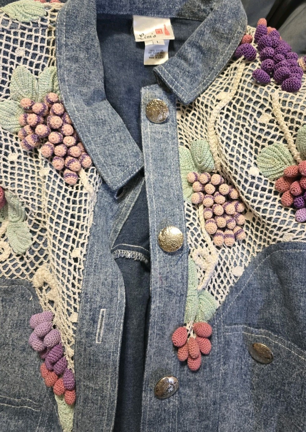 Vintage Lim’s 3 Piece Denim Grape Appliqué Set USA Made Size Large Grandmacore