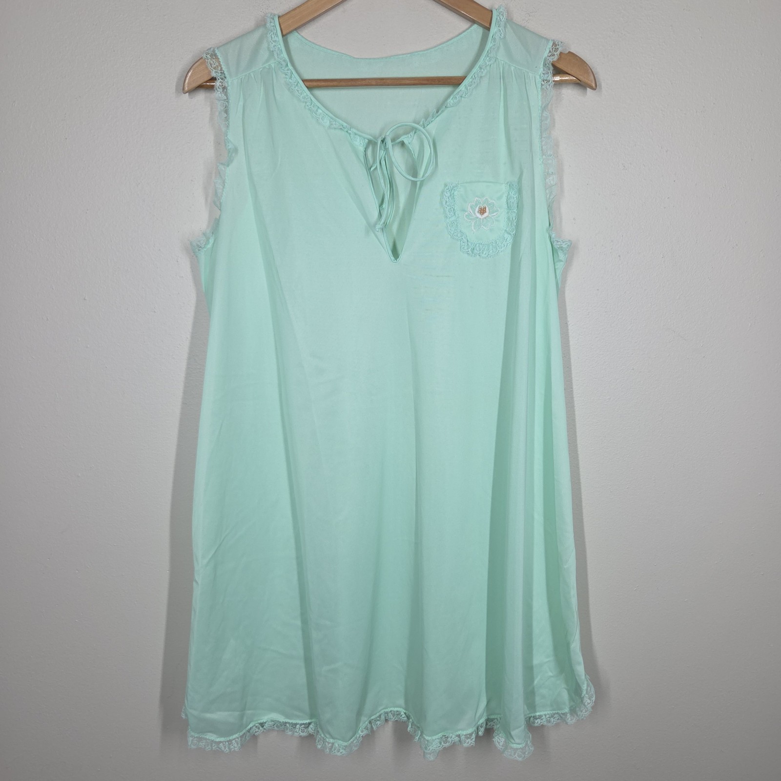 Vtg 70s San Souci Pastel Mint Green Lace Trim Nylon Mini Nightgown M Coquette