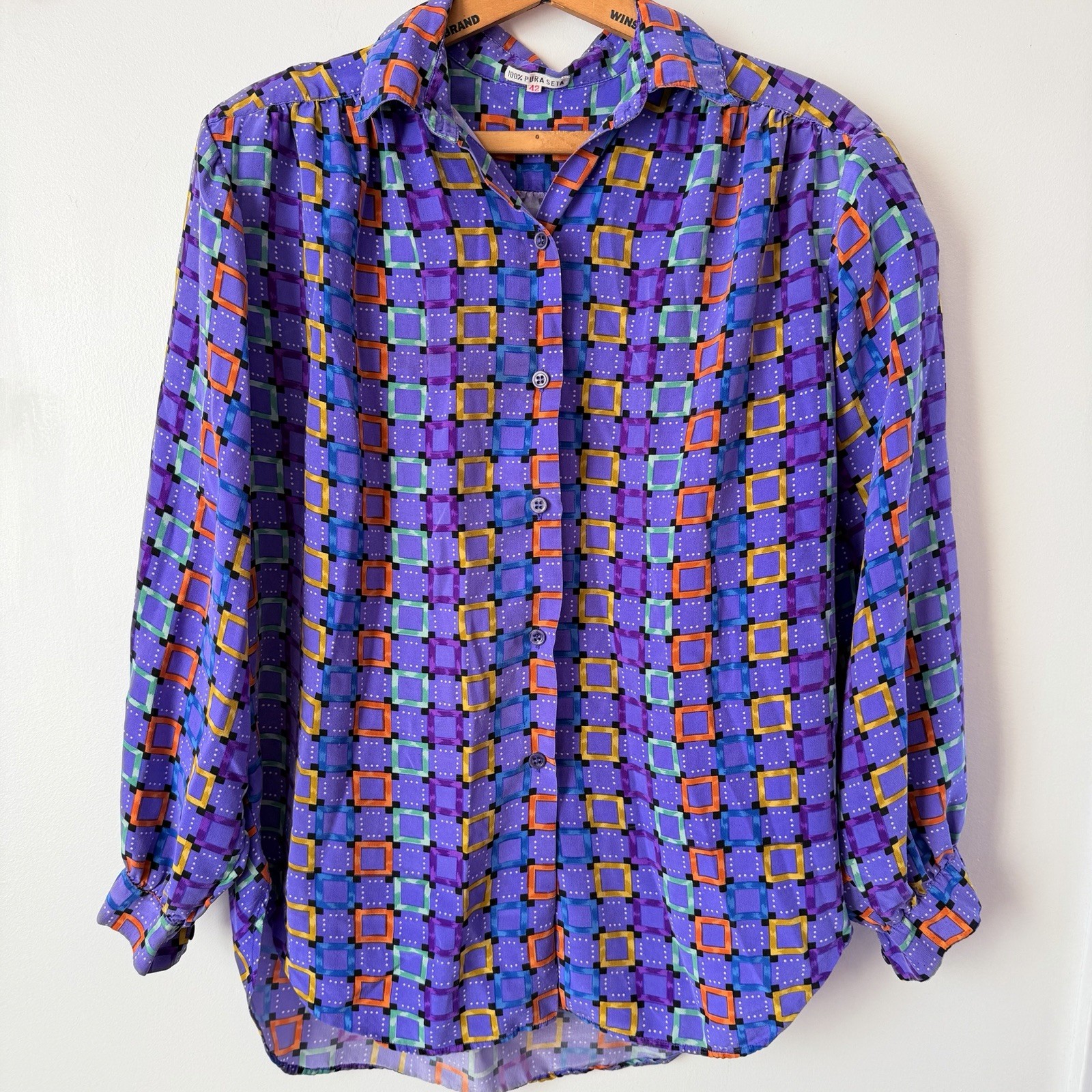 Vintage 90s Pure Silk Geometric Blouse Purple Memphis Art