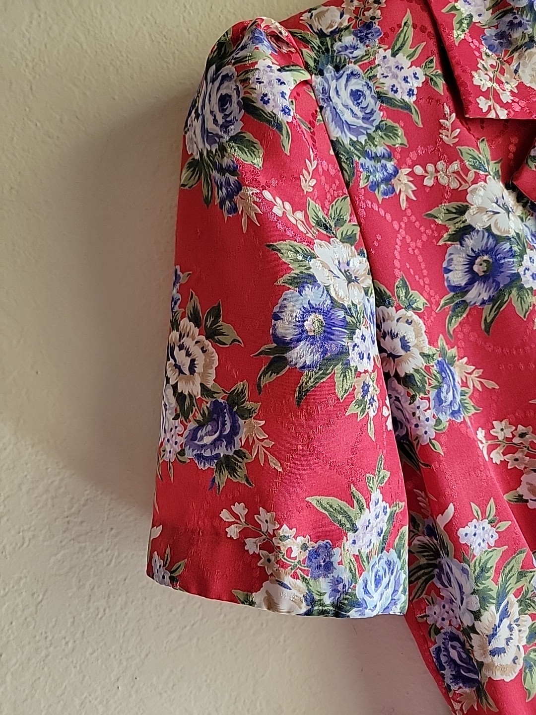 womens vintage secretary midi Collared dress S/M Red Floral Pleated Romantic USA