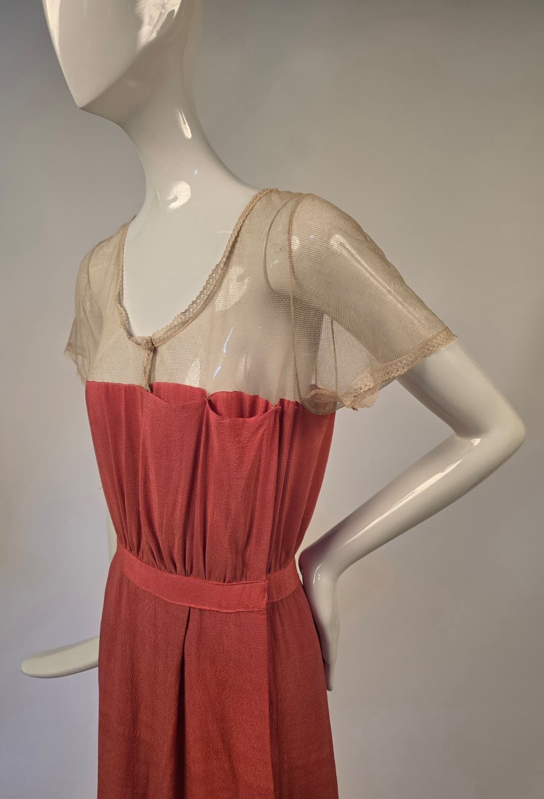 EDWARDIAN LONG SILK DRESS W LACE TRIMMED SHEER NET TOP
