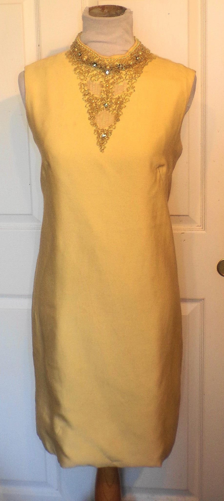 Vintage 60s Yellow Rayon Shantung Cocktail Dress Beaded Neckline B40
