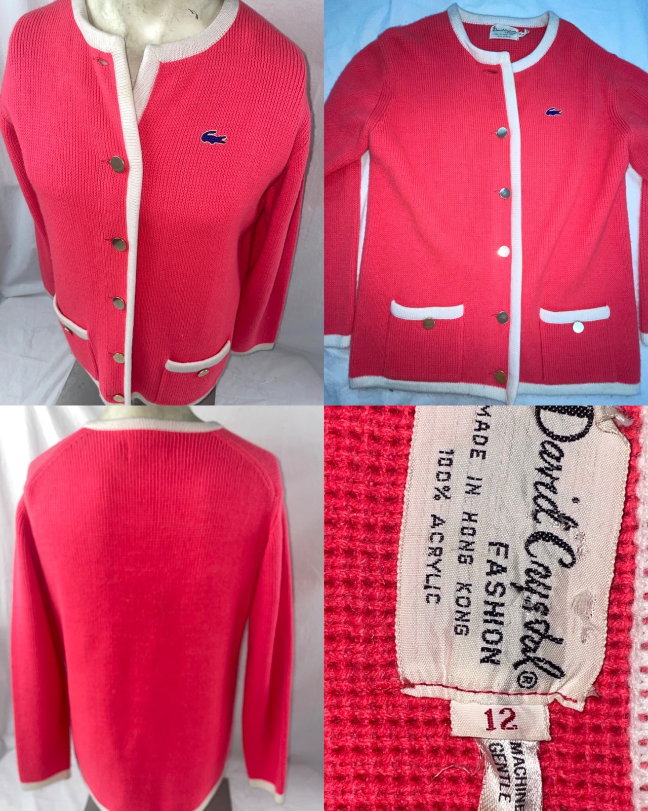 VTG 70S WOMESN SMALL DAVID CRYSTAL IZOD LACOSTE PINK BUTTON CARDIGAN SWEATER