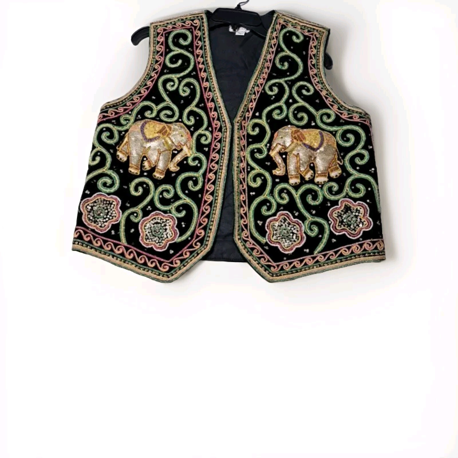 Vintage Carol Horn Workshop 3D Elephant Vest Embroidered Beaded Sequin Boho M/L