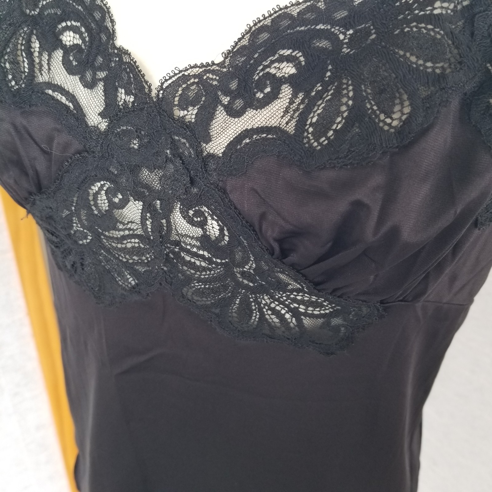Vintage Shadowline Camisole Slip Top Black Lace Trim Sz 36 Made in USA EUC