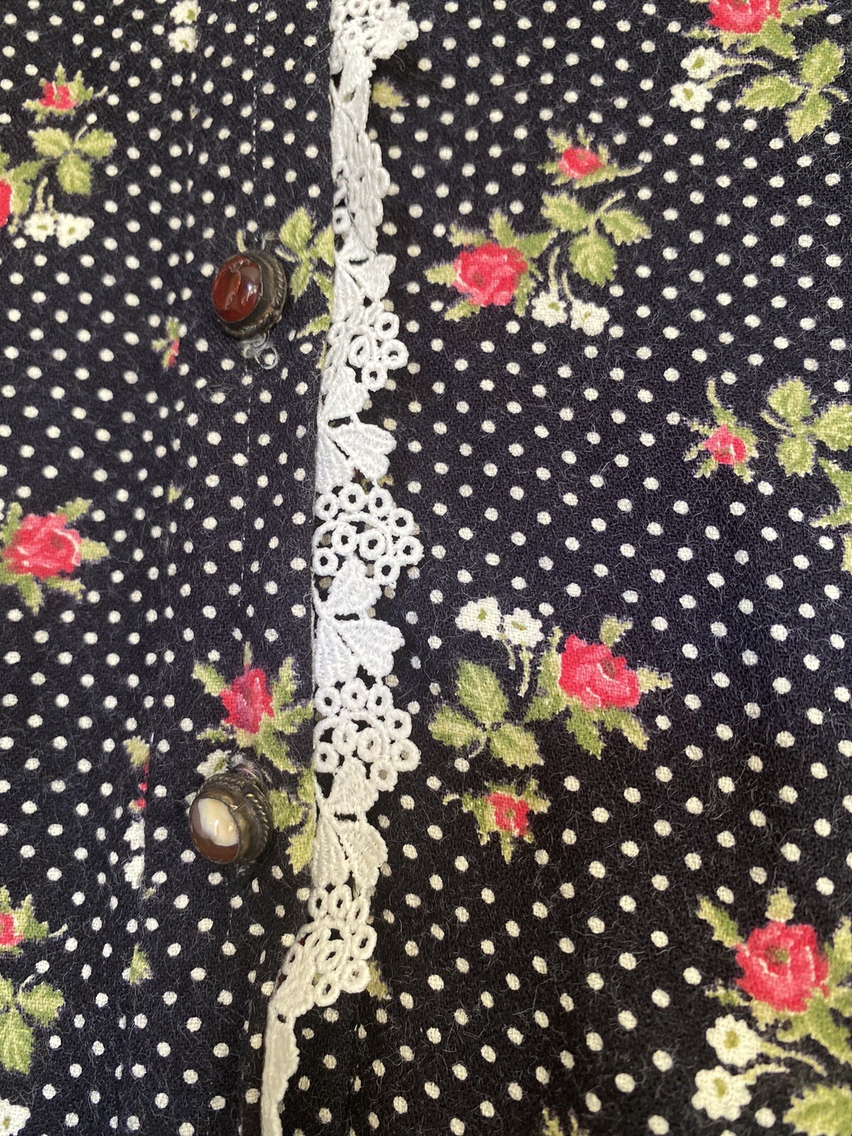 Vtg 70’s Liberty of London Black Polka Dot Rose Blouse W/ Agate Buttons