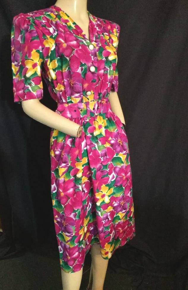 1980’s VINTAGE FLORAL RAYON FULL E.D. MICHAELS SPRING DRESS-38″ BUST-USA