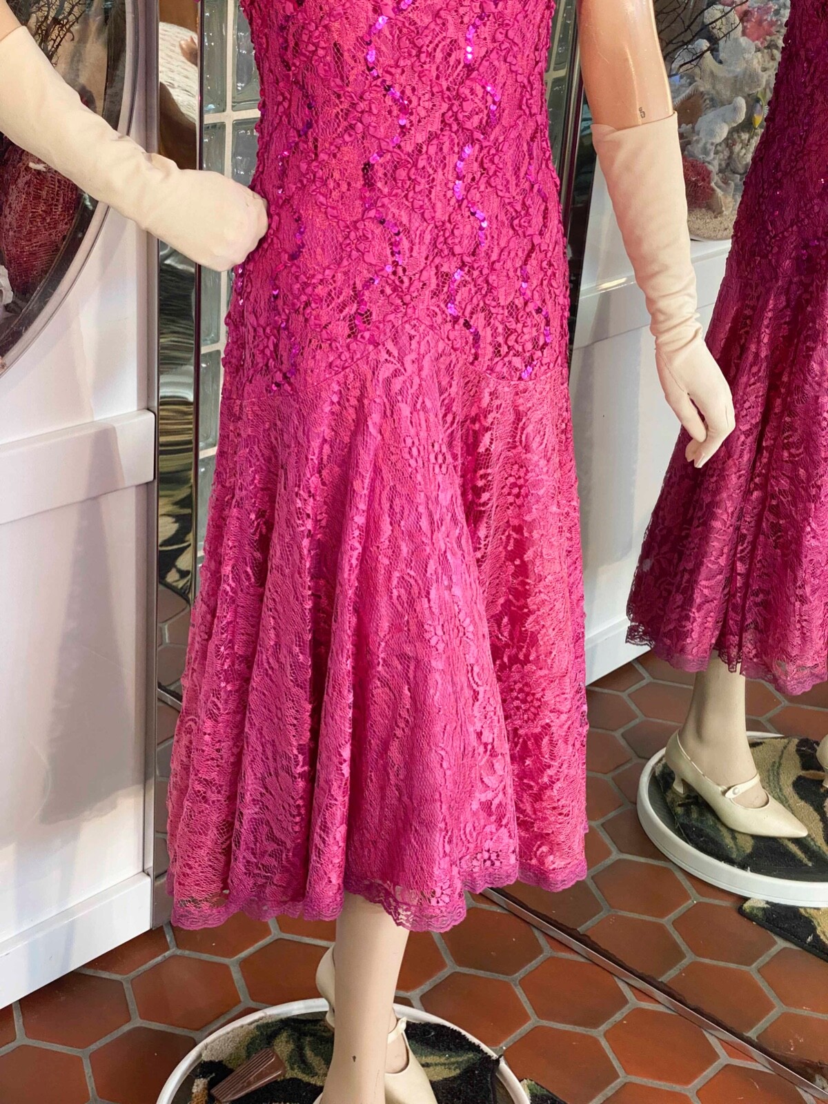 VTG 80s Shuet Young Dress Pink Lace Sequin Tea Party Evening sz M Flapper Style