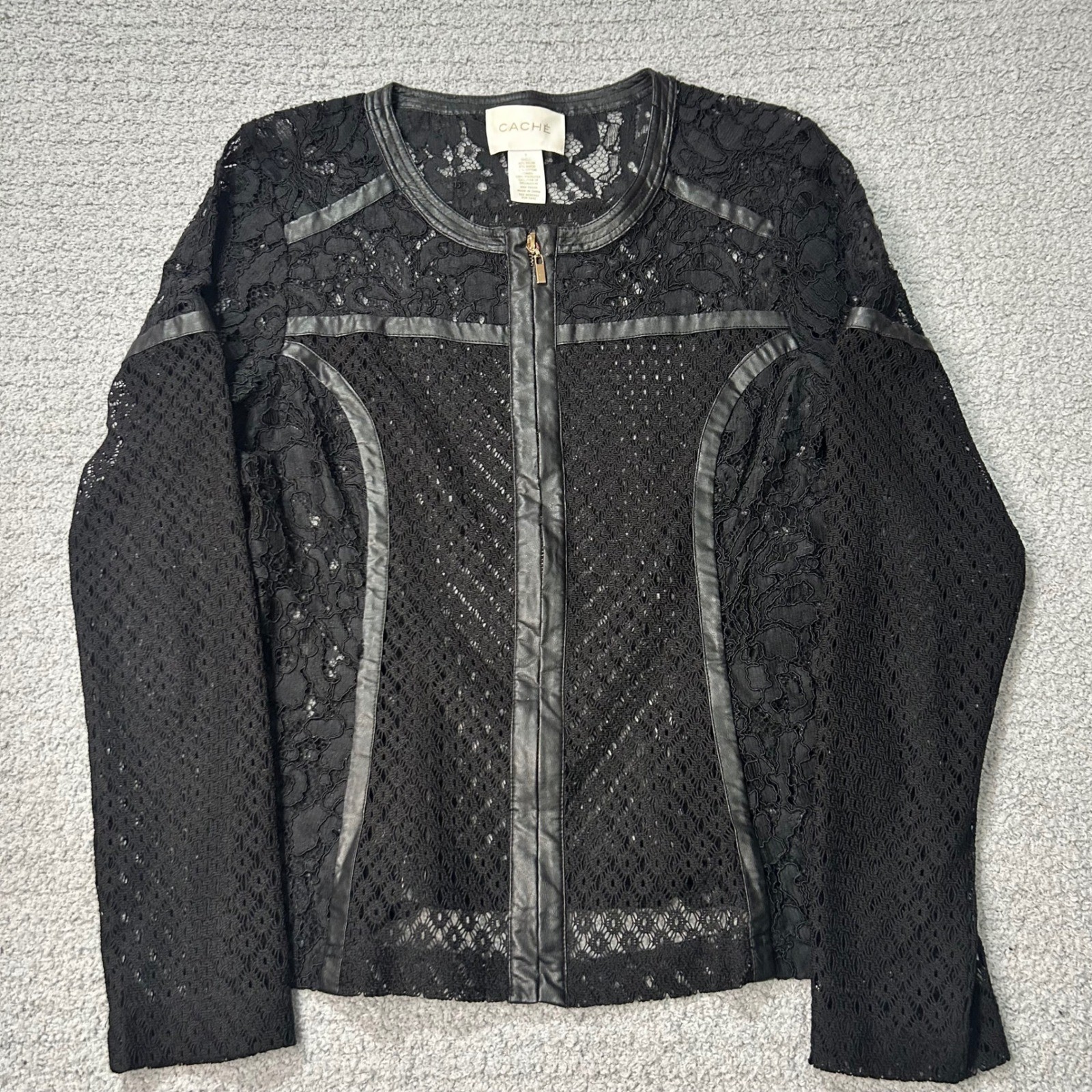 CACHE Jacket Y2K Vintage Lace Faux Leather Zip 6 Black Gothic Moto Mesh Top