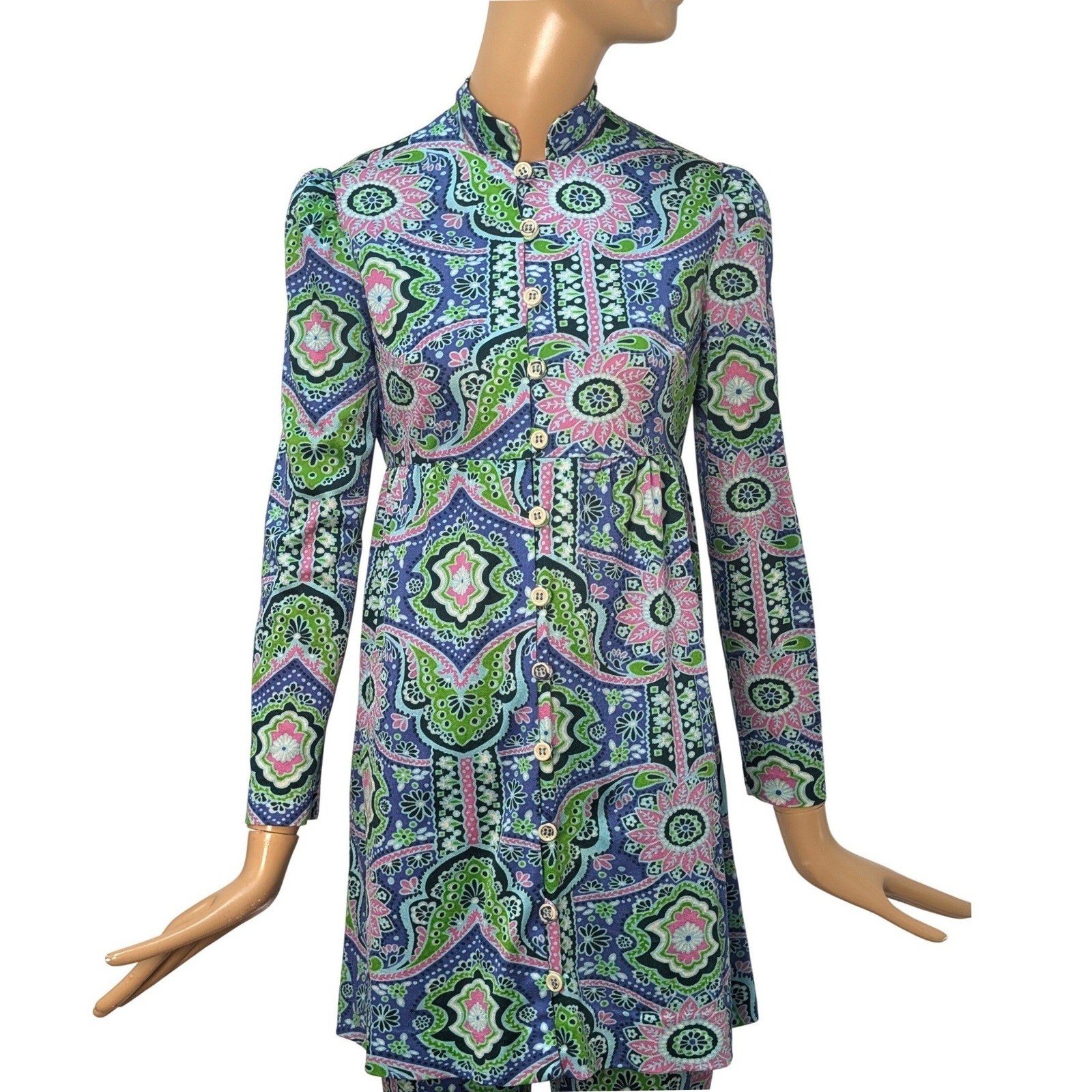 Vintage 60s Magnin Psychedelic Paisley Floral Tunic and Pants Set Blue Green