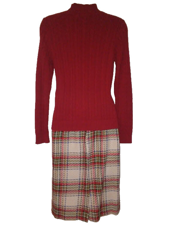 Ralph Lauren Cable Knit Crest Red Sweater w Vintage Plaid Skirt 9 Outfit