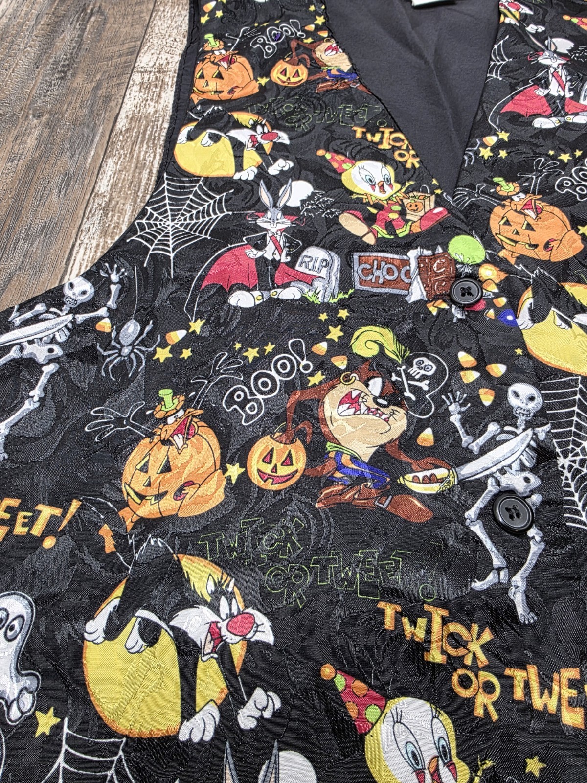Vtg Halloween Looney Tunes Vest Tweedy, Taz, Bugs, Daffy Black Size S/M Flaw