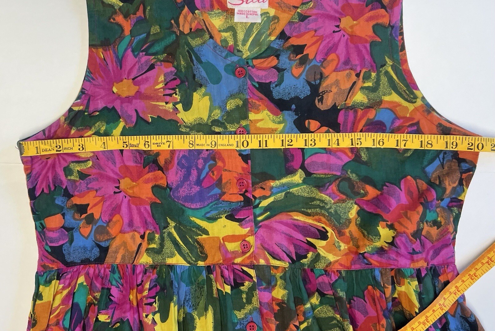 Vintage Sita Nepal Long Dress 100% Cotton Sz Large L Bright Floral Pockets VGUC