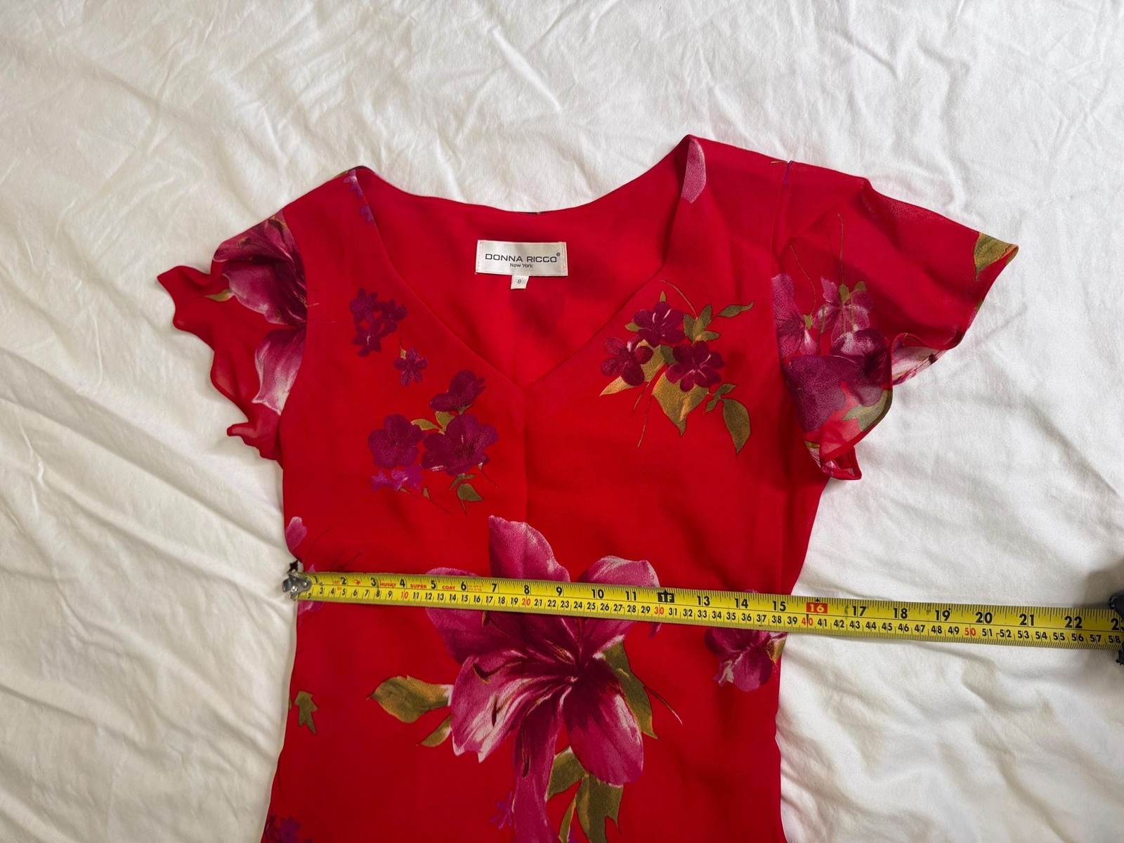 Donna Ricco Floral Chiffon Dress 8 Pink Red Lily Hanky Hem Wedding Guest Y2K
