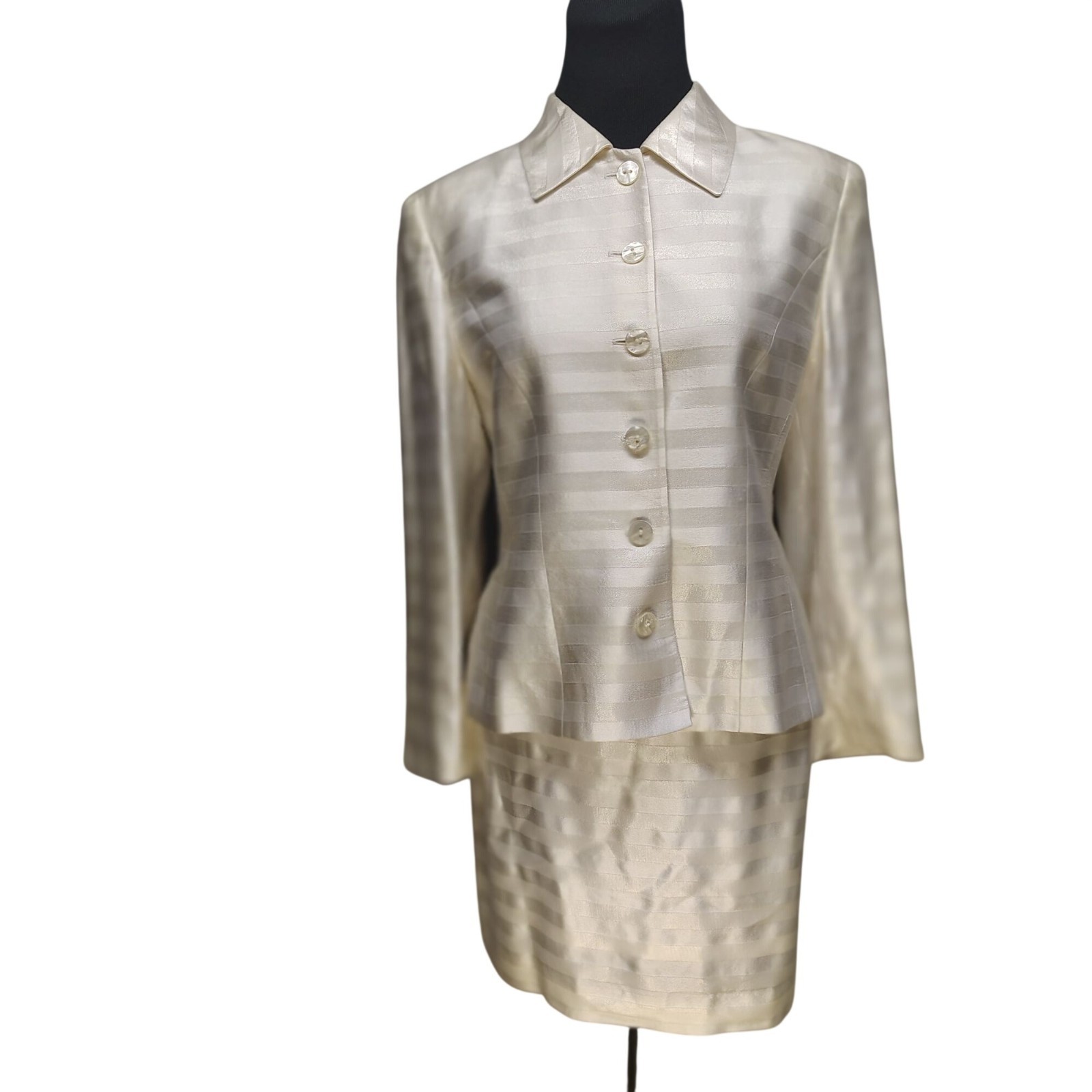 Vintage Byblos Italy Ivory Silk Striped Skirt Suit Set Medium 80s 90s Power Blaz