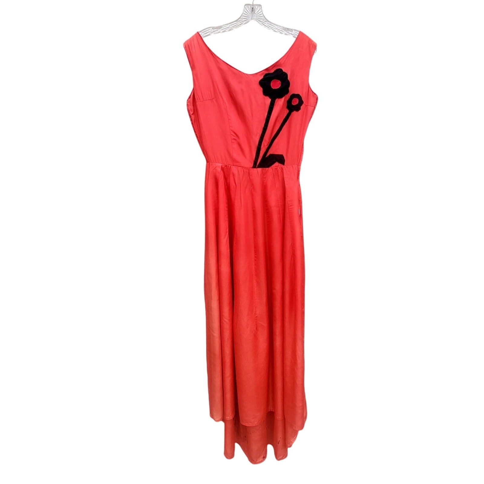 Vintage 30s Style Red Orange Acetate Maxi Size S Black Appliqué Gown Prom Dress