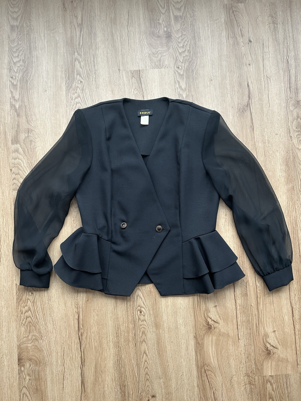 Vintage 90s Black Peplum Blazer Sheer Sleeve Minimalist Jacket