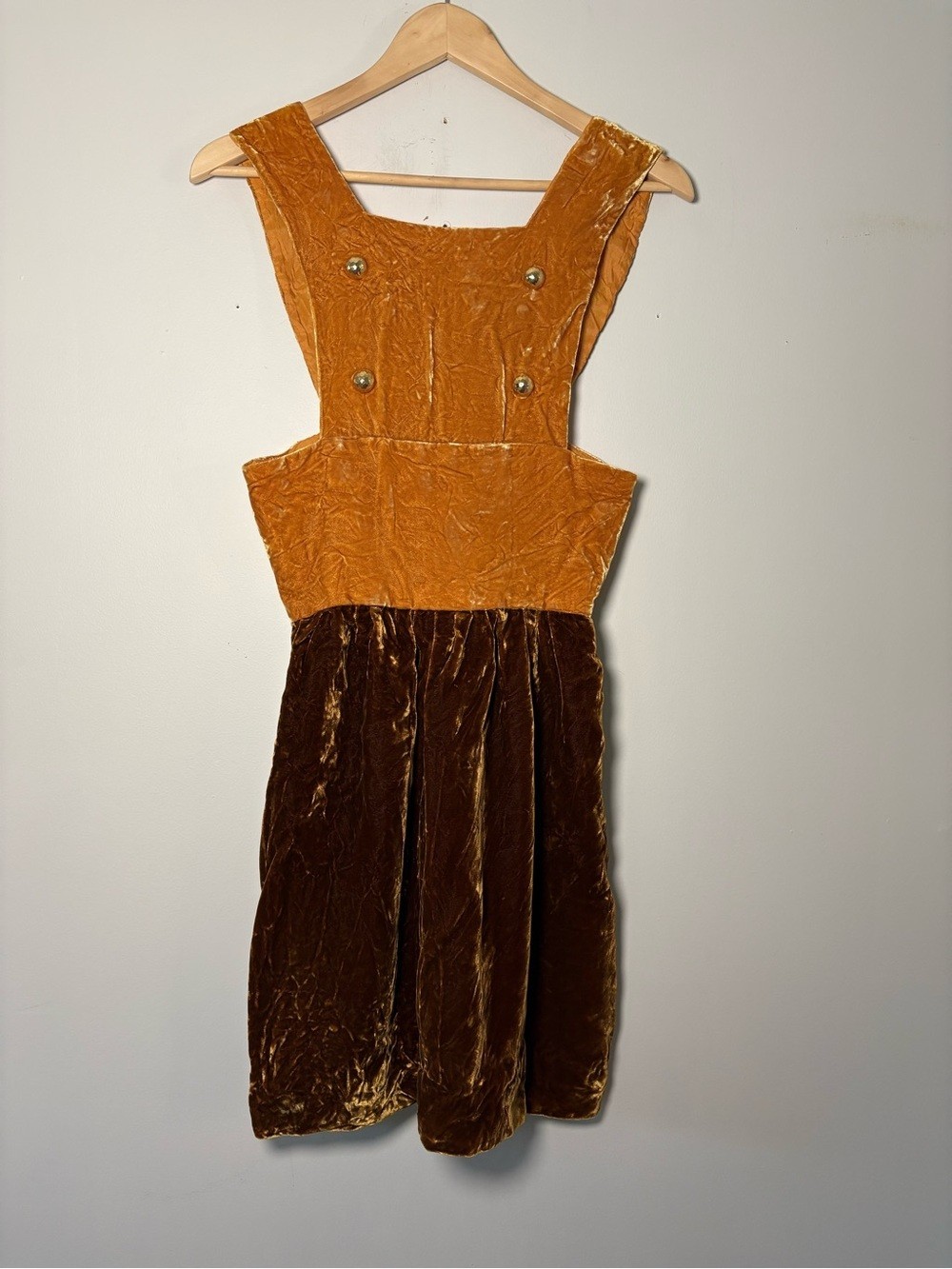 Vintage Early 1970s Mustard Yellow & Brown Velvet Pinafore Jumper Dress 70s