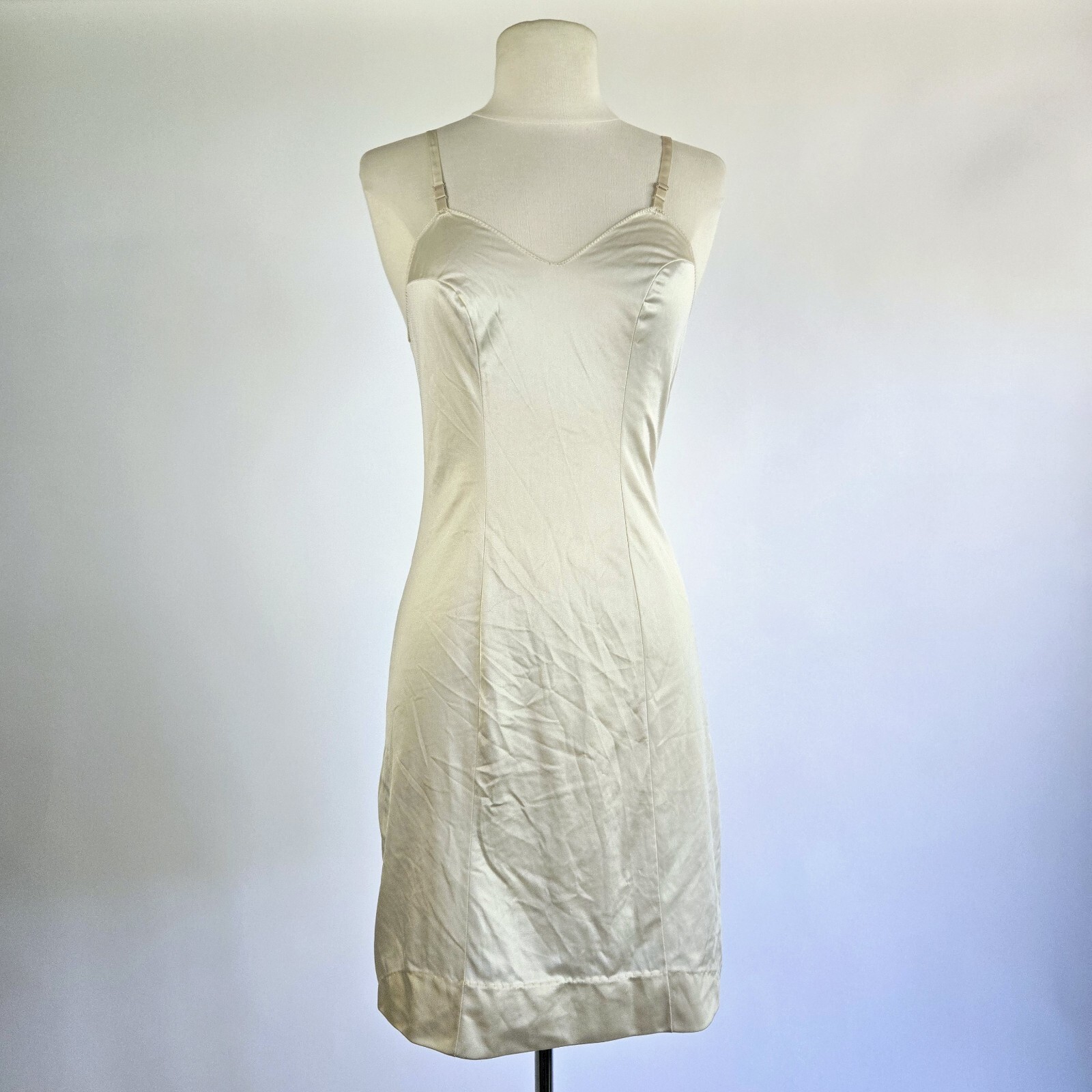 Vtg 1970s Ivory Nylon Lace Vanity Fair Full Mini Midi Slip Dress Sz 30 Champagne