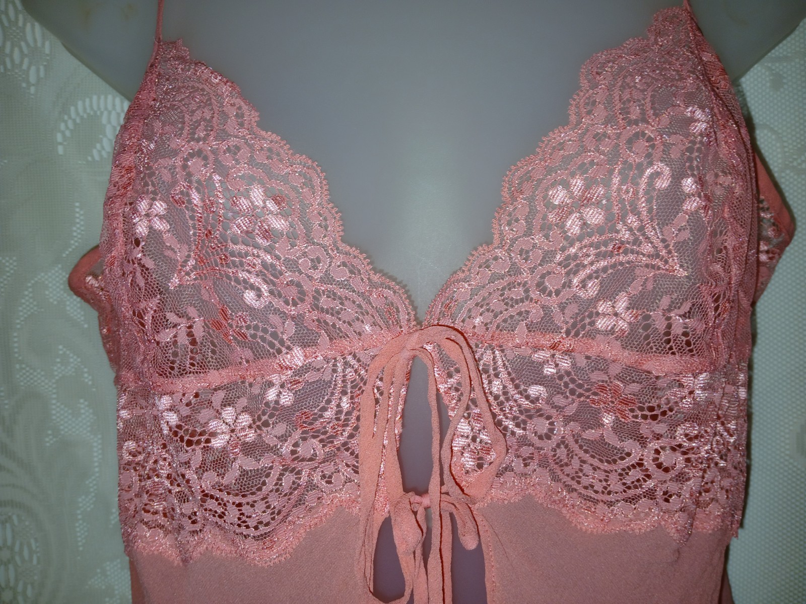 Vintage 90s Victorias Secret SILK Pink Chiffon Sheer Lace Babydoll Nighty L