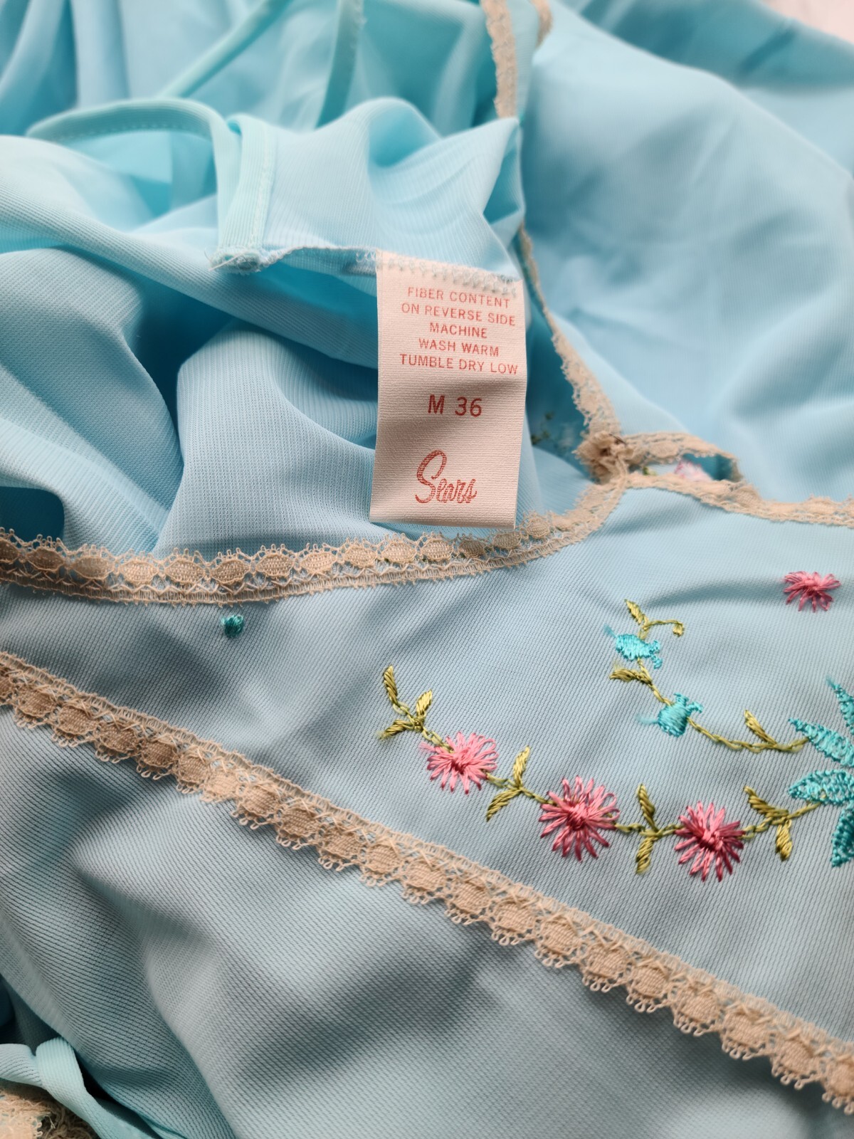 Vintage Sears Medium 2 pc. Nightgown Robe, Blue w/ Lace and Floral Embroidery M