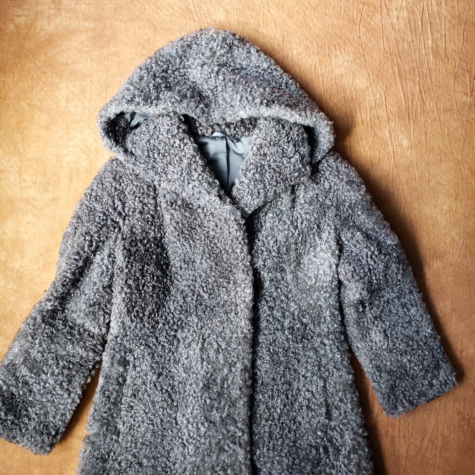Vintage 50s Gray Greige Curly Viking Lamb Hooded Coat L EUC RARE