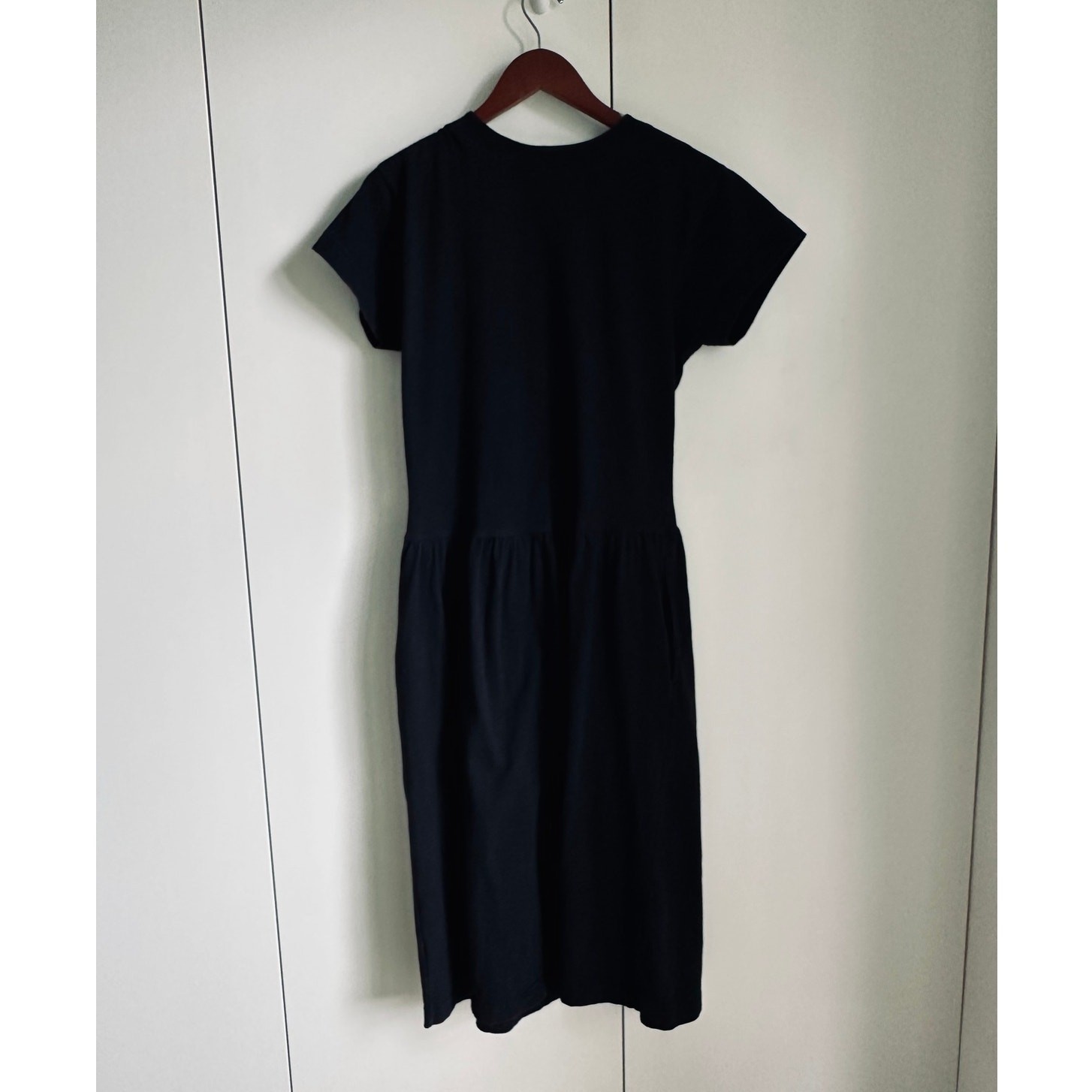 Vtg 90s Liz Wear Black T shirt dress Drop Waist Pockets Midi Fit Cotton S/M