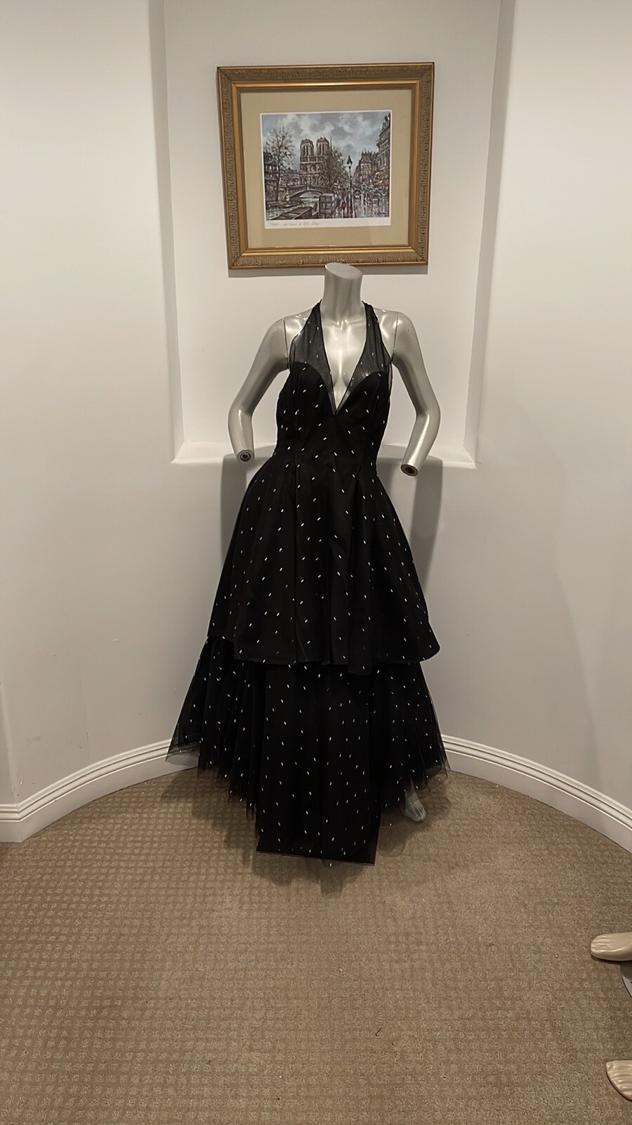 Vintage Jean Louis Scherrer Couture Tulle Evening Black Gown # 14529, Size F 42