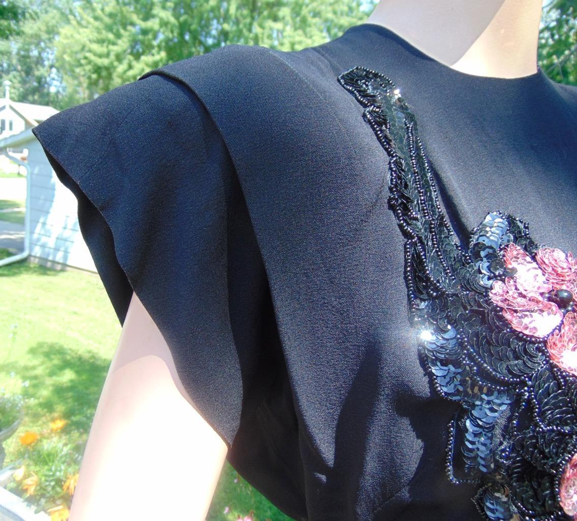VTG 40s Black Rayon Sequin Cocktail Dress Back Drape 28W