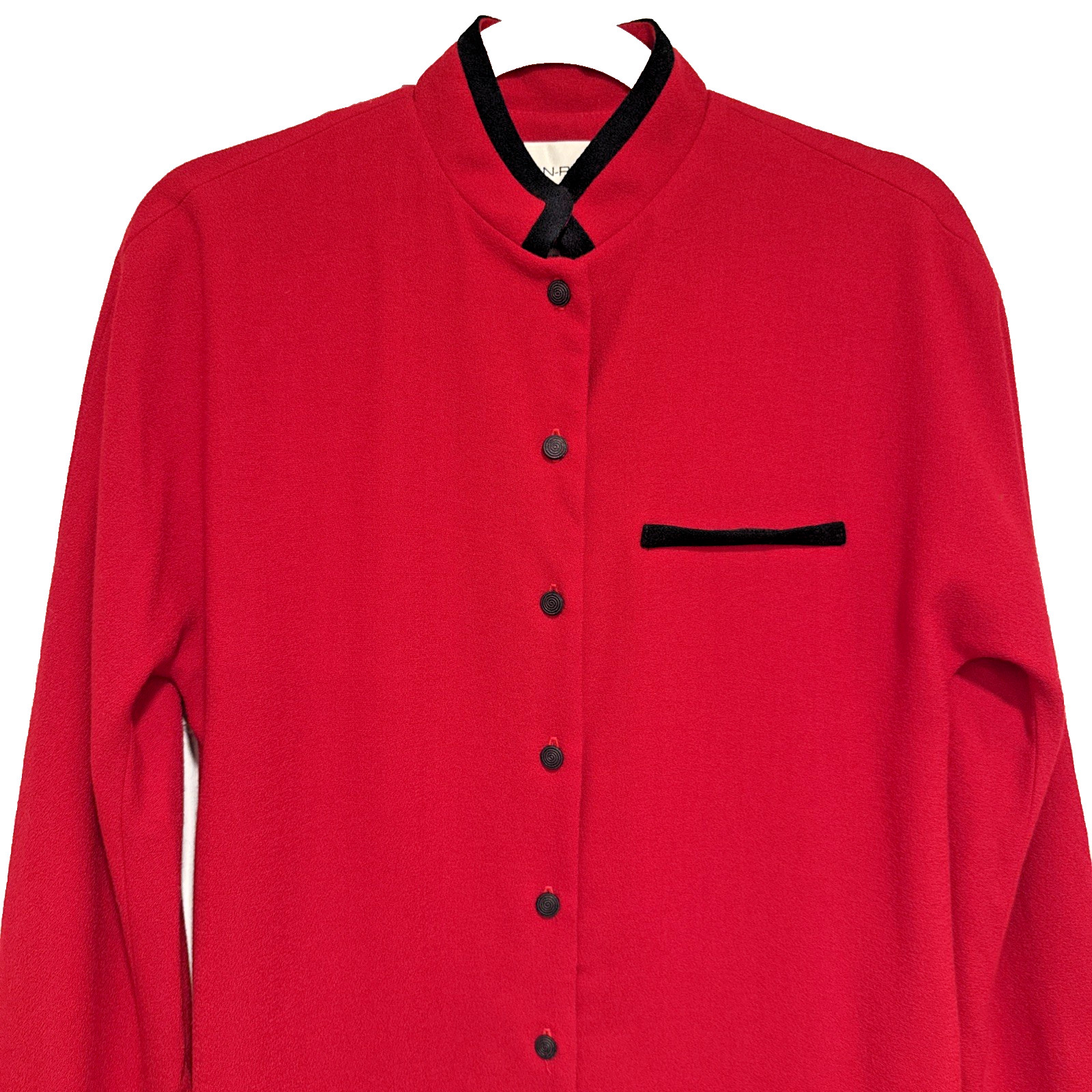 VTG Evan Picone Red Wool Dress Mandarin Collar Blk Trim 80s Power Dress Sz. 4