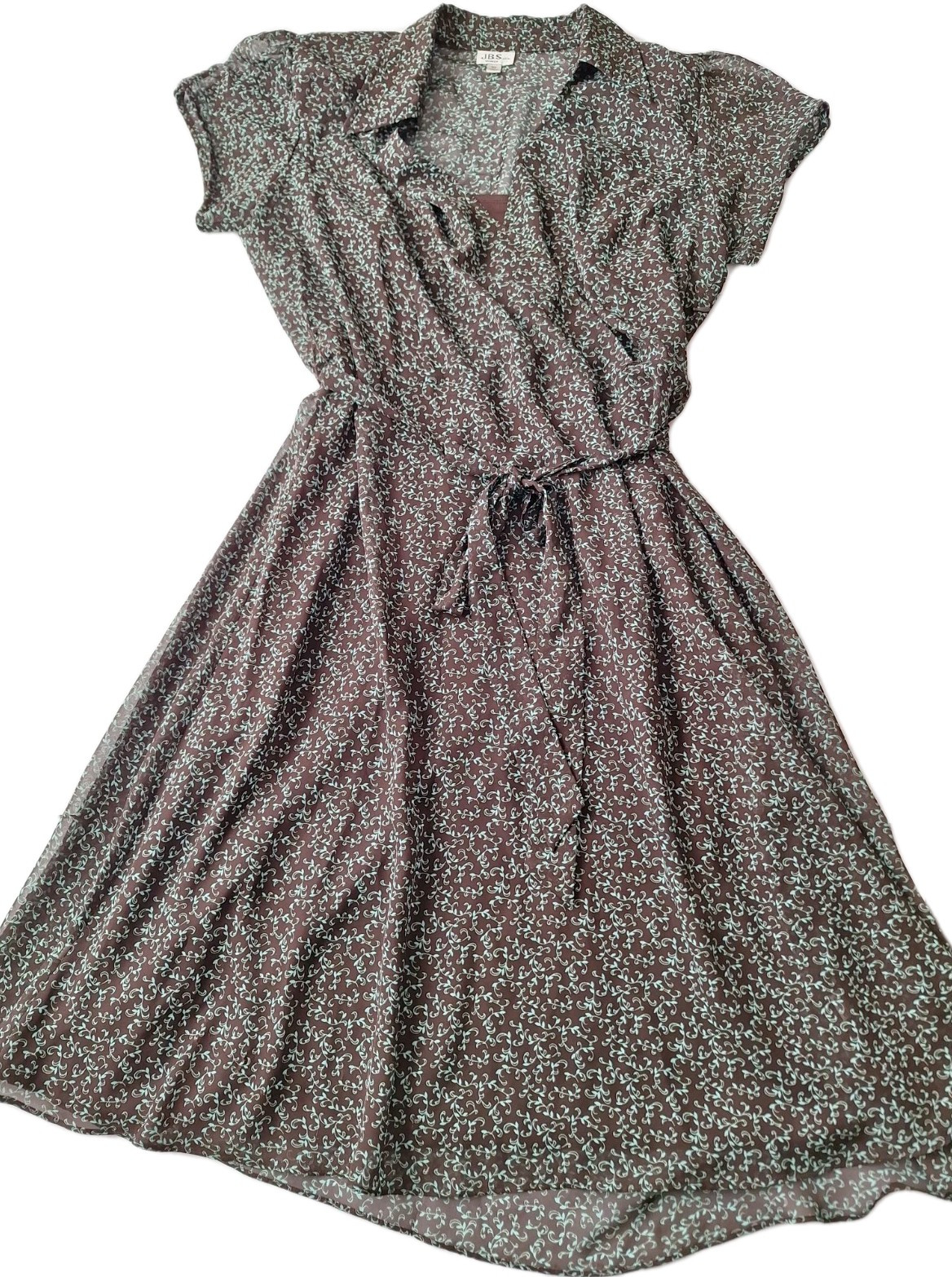 JBS LTD 90s Midi Dress Slip Belt Brown Sheer Blue Floral SS Sz 18 Fairy Grunge