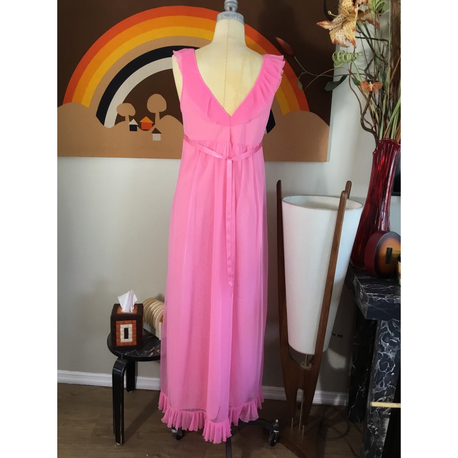 Evette 1960s Pink Nylon Nightgown Sheer Layer Ruffled V Neck Sleepwear Barbie