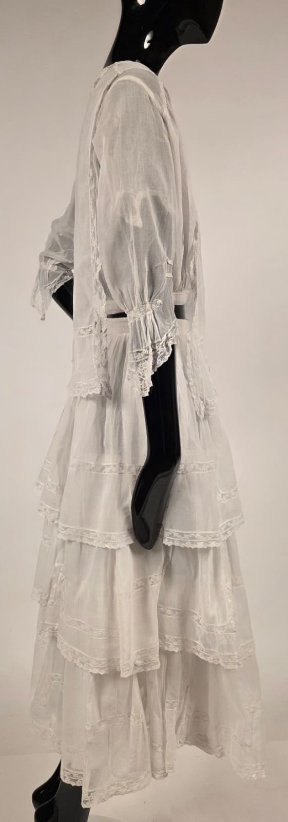 2 PC EDWARDIAN WHITE COTTON ORGANDY DRESS W LACE INSERTION + FLOUNCED SKIRT