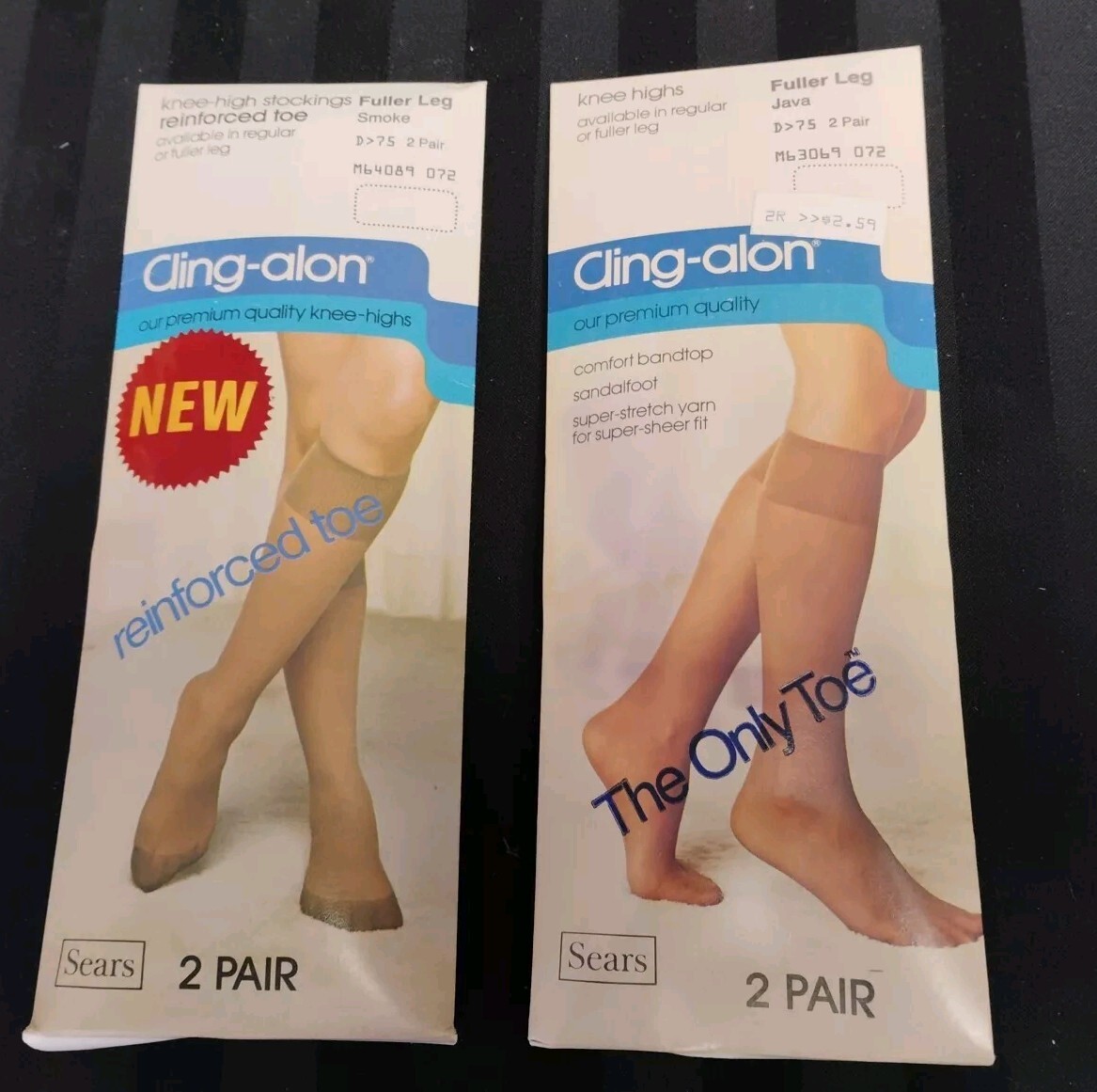 2-pks Sears Cling-Alon Vintage Knee High Nylon Stockings Fuller Leg Smoke+Java